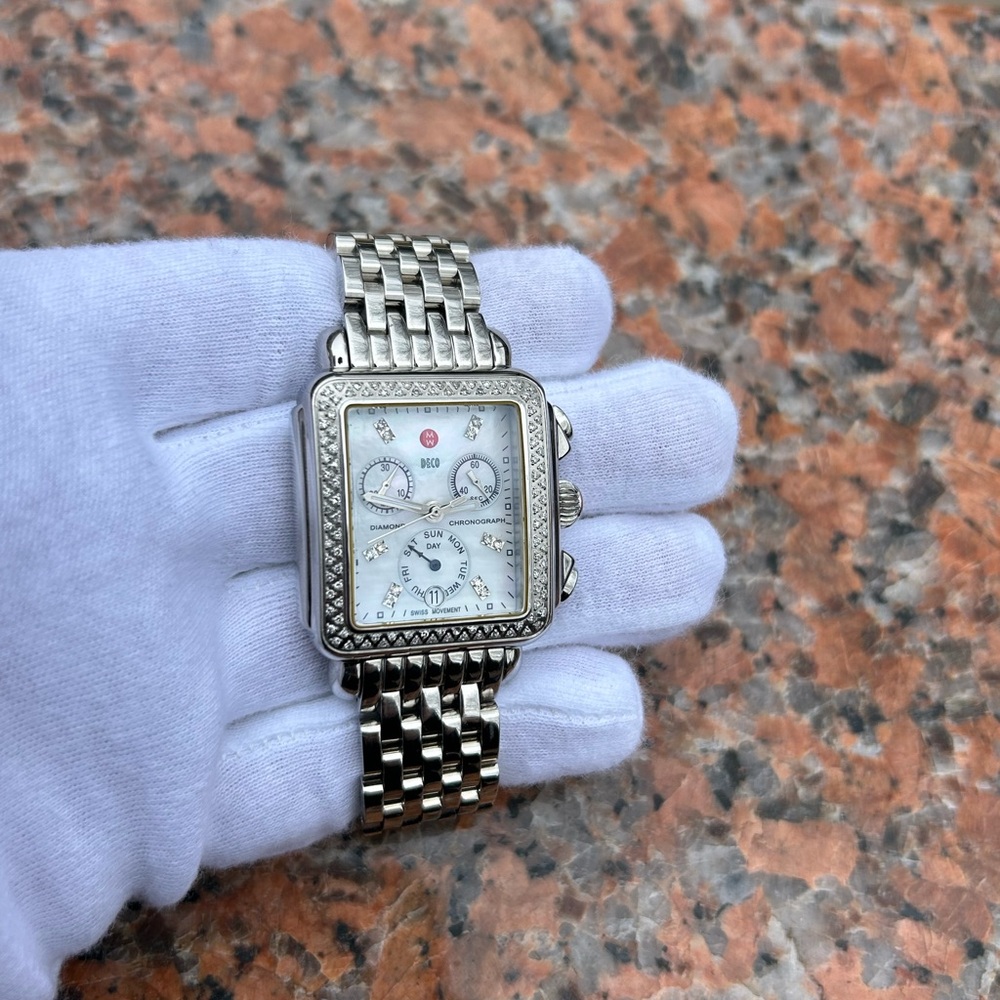 MICHELE DECO MOP DIAMOND DIAL AND BEZEL CHRONOGRAPH LADIES WATCH - Picture 13 of 15